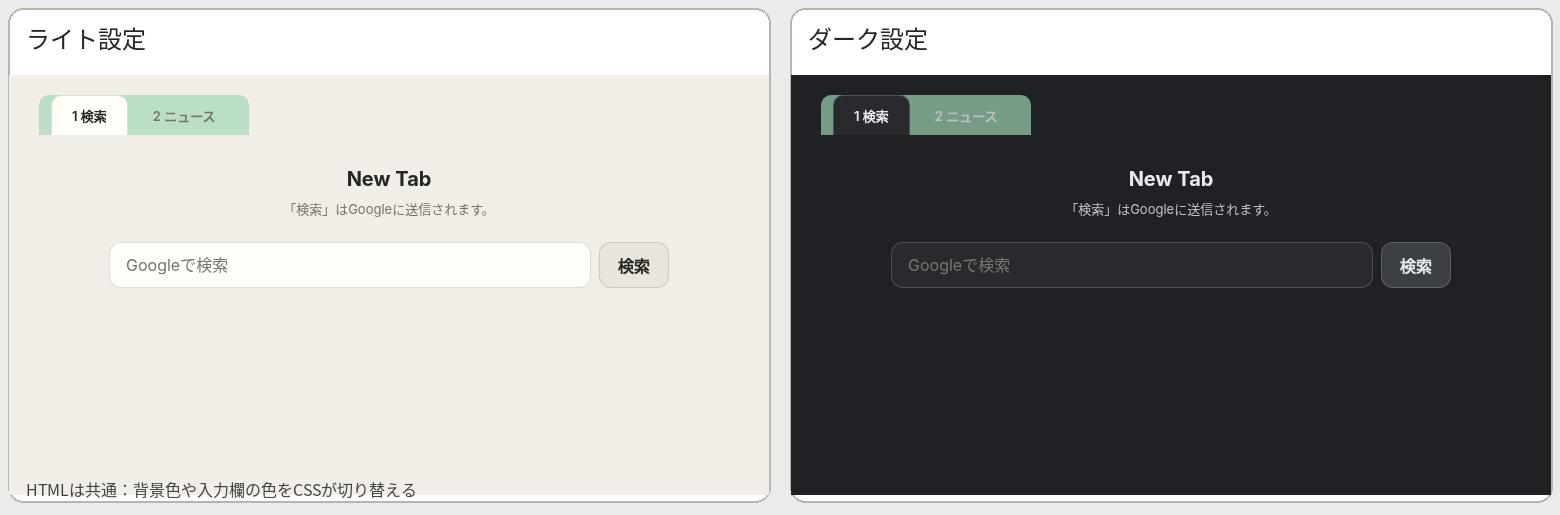 同じHTMLのライト配色とダーク配色を比較した画面
